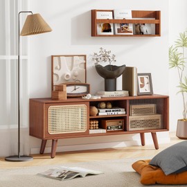 Giantex Bamboo TV Stand for TVs up to 55", Mid Century Modern Entertainment Center w/ 3-Level Adjustable Shelf, PE Rattan, Tempered Glass Sliding Door, Media TV Console Table for Bedroom (Walnut)