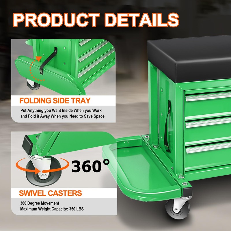 PM PERFORMOTOR 3-Drawer Tool Chest Rolling Mechanic Seat with Tool