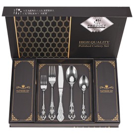 Retro Royal Silverware Set With Gift Box, 20-Pieces Cutlery Set Utensils Stainless Steel Flatware For 4 MIKIWAY Kitchen Tableware Set For Gifts Festive, Dishwasher Safe, Mirror Polishing