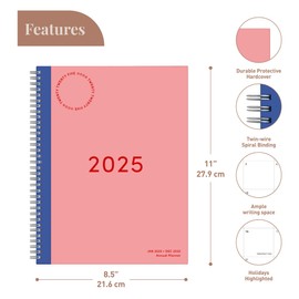Rileys & Co 2025 Simple Weekly Planner - Annual Weekly & Monthly Agenda Planner, Jan - Dec 2025, Flexible Cover, Notes Pages, Twin-Wire Binding (8.5 x 11-Inches, Pink)