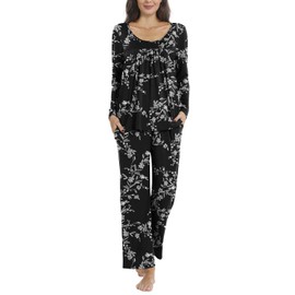 POPYOUNG Plus size Women's Fall-Winter 2 Piece Pleated Long Sleeve Pajama Sets Lounge Sleepwear Ladies nightwear Pjs Sets with Pockets XL, FL/Carved White