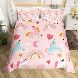 Bettwäsche für Kinder, Einhorn, Mädchen, 140 x 200 cm, Regenbogen, Jugendliche, Baby, Rosa, Bettbezug für Damen, niedlich, Einhorn, Pferde, Bettwäsche mit 1 Kissenbezug, schönes Einhorn-Motiv