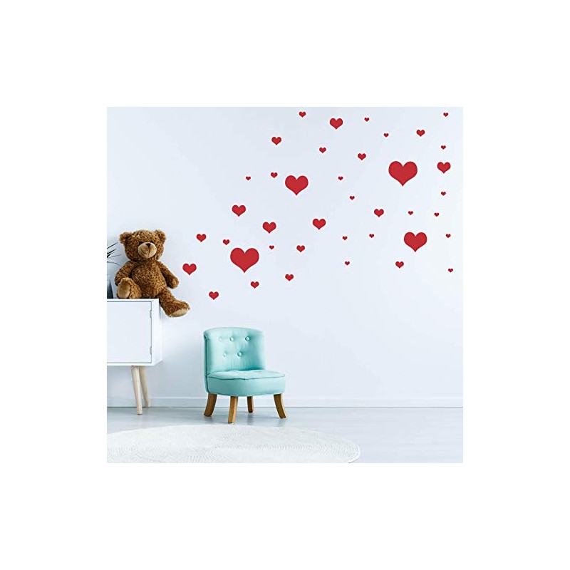 Set of 40 Heart Wall Stickers with Heart Design Red