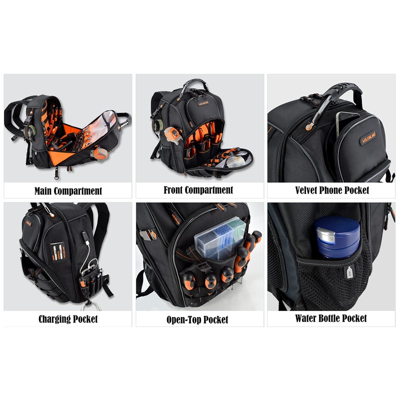 66-Pockets Tool Bag, Heavy-Duty Jobsite back pack for electricians, construction,