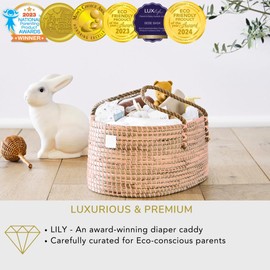 BEBE BASK Premium Pink Baby Diaper Caddy Organizer -Handmade - Seagrass Basket With Cotton Divider - Award-Winning & Luxury Pink Diaper Caddy Basket - (Blush)