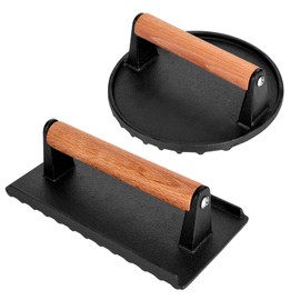 Blackstone Burger Press 7” Round Cast Iron Smash Bacon Press & 8.3”X4.3” Rectangle Cast Iron Grill Press With Wooden Handle for Blackstone Griddle, Ideal for Panini, Steak & Sandwiches, Nonstick Pan