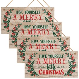 4 Pcs Christmas Wooden Sign Plaque Wooden Merry Christmas Plaque Sign Christmas Hanging Sign Decoration 8 x 4Inch Merry Christmas Wooden Plaque Board for Chrismtas Home Door Wall Decoration