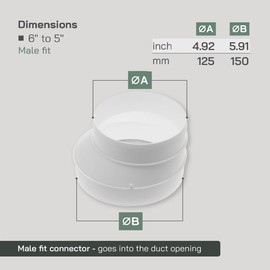 Vent Systems 6" Inch to 5" Inch Duct Reducer Adapter – Round Plastic HVAC Pipe Connector Fitting for Exhaust Vents, Dryer Duct in Bathroom, Kitchen, Home - Durable Ventilation Reducer for Indoor Use