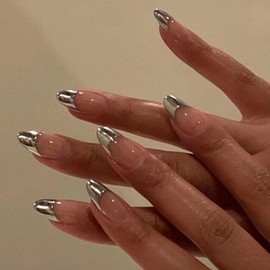 Nail Tip, Long Almond, 24 Pieces, Nail Tip, False Nail, Gradient, Silver Edge, Diamond, Skin Color, 3D Nail Sticker, Popular, Japanese Style, Cute, Simple, Fashionable Party, Nail Tip, Autumn, Spring,
