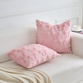 LIGICKY Set of 2 Pink Bow Throw Pillow Covers Decorative Soft Plush Cute Bowknot Couch Cushion Covers Coquette Room Decor Aesthetic Pillow Cases for Girl Bed Chair Sofa Living Room,18x18 Inch