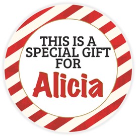 This is a Gift for Alicia - 25 Pack Circle Stickers 3 Inch - Candy Cane Merry Christmas Gift Tag Present Tree Holiday Custom Name Santa Claus