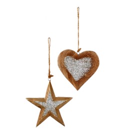 Toyland® Pack of 4-12cm Wooden Silver Glitter Heart and Star - Christmas Tree Decoration
