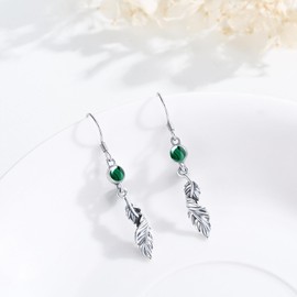 TRISHULA Feather Earrings 925 Sterling Silver Malachite Earrings Malachite Feather Dangle Hook Earrings Feather Jewelry for Women