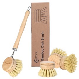 Bamboo Dish Brush with Handle - Soft Bristle Plastic Free Potato Scrubber Brush Compostable & Sustainable Produce Brush for Dishes Pots and Pans