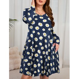 JollieLovin Women Long Sleeve Dress with Pockets Plus Size Swing Casual Loose Tshirt Dresses(2X,3-Navy Blue)