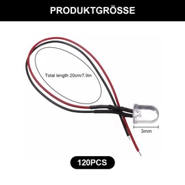 Joycabin Pack of 120 3 mm 12 V Pre-Wired LED Diodes Light, Pre-Wired Light, Cool White, Light Emitting Diodes with 20 cm Cable, 12 V LED Pre-Wired for Model Making Lighting