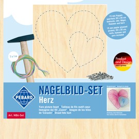 Pebaro NB6-SET Nail Art Creative Set, Craft Set, Thread Picture, String Art, with Pre-Printed Heart Motif, Includes Nails, Coloured Yarn and Hammer, Crafts with Wood, Nail and Threads