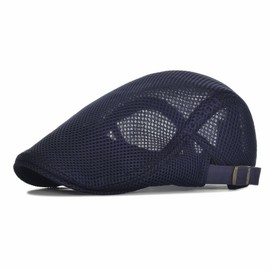 VOBOOM Men Breathable Mesh Summer Hat Adjustable Newsboy Beret Ivy Cap Cabbie Flat Cap (Navy)