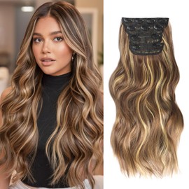 Clip In Hair Extensions Synthetic Clip Ins Honey Blonde Mixed Auburn Chestnut Brown Hair Extensions For Women Double Weft Natural Wavy Hair Pieces 20 Inches 4 Pcs 200G