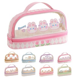 Bunny Pencil Pouch w/Handle Rabbit Kitten Bear Puppy Pen Case Cosmetic Bag Clear Case Transparent Waterproof (Bunny-Pink)