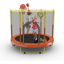 72" Trampoline for Kids with Net,6 FT Indoor & Outdoor Small Toddler Trampoline with Basketball Hoop & Dart Board for Ages 1-8, Birthday Gifts for Boys & Girls, Baby Toddler Christmas Toys