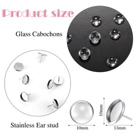 Hicarer 200 Pieces Studs Earring Blank Making Supplies Kit Includes 50 Pcs 10 mm Cabochon Earring Blank Bezel Studs 50 Clear Glass Cabochons, 50 Rubber Backs 50 Stainless Steel Earring Backs