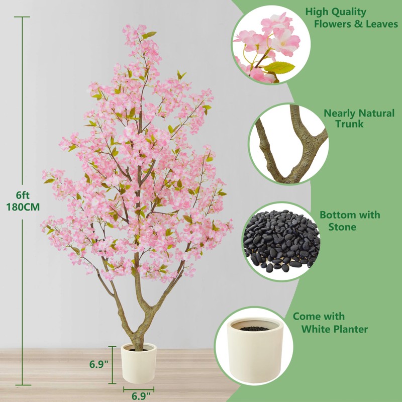 Warmplants 6ft Artificial Cherry Blossom Tree, Fake Sakura Pink Flower