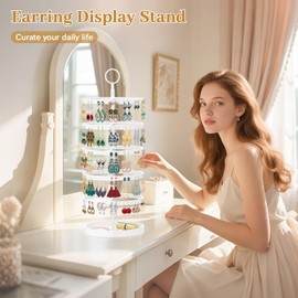 MODOWEY 5 Tier Rotating Earring Holder Organizer, Adjustable Display Tree with Metal Tray, 220 Holes Jewelry Rack for Pierced Stud Hoop Dangle, Large Capacity Space-Saving Stand for Women, White