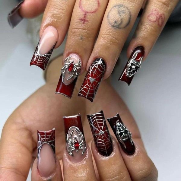 Coffin Press on Nails Long Square Fake Nails Black Wine