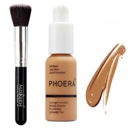 PHOERA Full Coverage Liquid Foundation 30ml for Oily Skin + MISKEEN Kabuki Brush – Soft Matte, Oil Control, Long-Lasting, Waterproof Concealer for Flawless Face & Tattoo Coverage (WARM SUN)