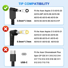 65W Laptop Charger for Acer Aspire 3 A315-24P-R7VH A314-(23P 36P) A315-(23 31 58 59) Spin 14 Aspire 5 15 Slim A515-(44 45 46 54 55 56 57 58) N23C3 Aspire Premium Go 15 AG15-31P AC Adapter Power Cord