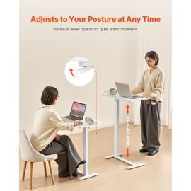 Happybuy Overbed Table: A White Wonder! Features 4 Hidden Wheels, Hydraulic Height Adjustment, and a Cup Holder. Made of Particleboard—Your Ideal Companion for Home, Office, and Study!