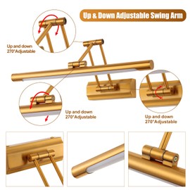 TYhogar Picture Light,17in Modern Picture Lights for Wall LED Art Light for Paintings/Gallery/Dartboard, Adjustable Swing Arm Wall Lights Display Art Light 3000K,Hardwired Connection,Brass