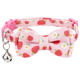 Gyapet Cat Collar with Bow Tie Detachable Bell Safety Buckle Solid Color Fruit Pattern Kitten Tiny Pet 7-11in [1pc] Fruit-Strawberry
