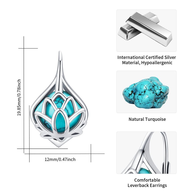 BDL Lotus Genuine Turquoise Leverback Earrings Sterling Silver Dangle Drop