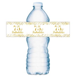75 & Fabulous Water Bottle Labels; Set of 20 Waterproof Water Bottle Wrappers; Gold and White. Happy Birthday Labels