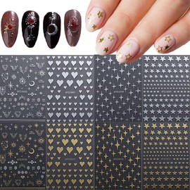 Gold Silver Star Nail Art Stickers Moon Star Heart Nail Decals 3D Self-Adhesive Pegatinas Uñas Acrylic Nail Supplies Holographic Metal Nail Art Design for Women Nail Decoration Manicure 8 Sheets