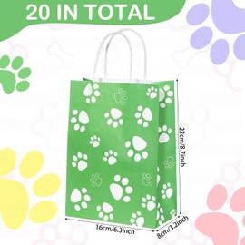 Blulu 20 Pcs Puppy Dog Paw Gift Bags with Paper Twist Handles, Dog Gift Paper Paw Treat Goodie Bags for PET Treat Party Favor, 6.3 x 3.1 x 8.6 Inch (Red Yellow Blue Green Backing，white Paws)