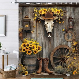 Western Cowboy Shower Curtain, Rustic Barn Door Farmhouse Decor, Southwest Country Ranch Bath Curtain with Cowboy Boots Floral Bathtoom Curtain Decor Set with Hooks 72X72 in