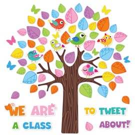 JarThenaAMCS 82Pcs Spring Tree Bulletin Board Decoration Set Colorful Bird Butterfly Cutouts Positive Sayings for School Classroom Office Chalkboard Wall Decor