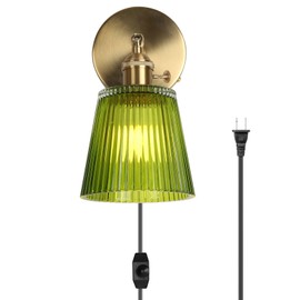 HuisMier Plug in Wall Sconces, Vintage Green Stripe Glass Lampshade Wall Lighting Fixture with On/Off Switch, Brass Wall Sconce for Bedroom Bathroom Living Room Hallway, Plug in