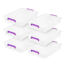 IRIS OHYAMA USA 6 Quart Large Clear Plastic Storage Bins with Lids and Secure Latches, 6 Pack, Organizing Container for Home, Work, Classroom, Paper and Craft, Stackable, Clear/Violet