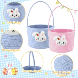 Domensi 6 Set Easter Basket for Kids,6 Woven Rope Easter Basket for Girls,6 Adorable Bunny Headbands, Empty Baskets with Handle for Girls, Boys Toddler, Babies, Infant for Egg Hunt(Cute Style)