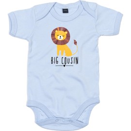 Kleckerliese Baby Bodysuit Sayings Boys Girls Animals Lion Indian Animal Motif Big Cousin Short Sleeve, Dusty blue, 6-12 months