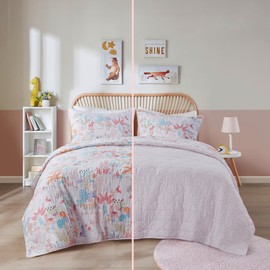 Urban Habitat Kids Queen Bedding Set Quilt Sets for Girls Reversible Queen Coverlet Cotton Coverlet All Season Lightweight & Breathable Matching Shams Full/Queen Blush 3 Piece Forest Animals Print