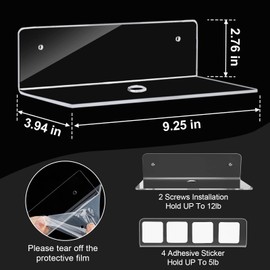 Clear Acrylic Floating Shelves 9 inch, Adhesive Wall Shelf Set of 4 for Funko Pop Figure, Plant, Speaker, Controller, No Drill Small Wall Shelf for Bathroom, Bedroom, Stick on Shelf with Cable Clips