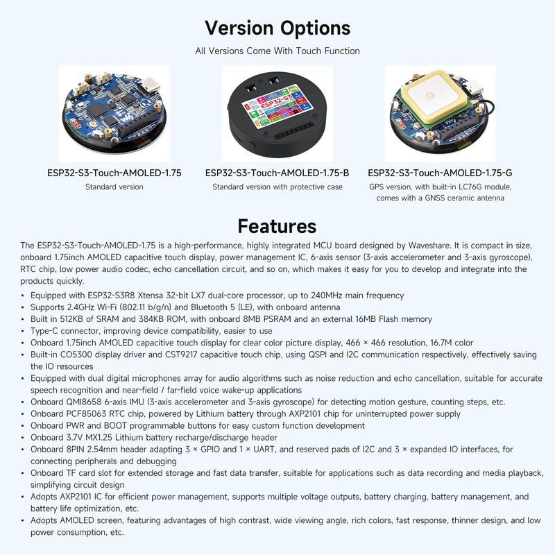 Waveshare ESP32-S3 1.75 inch AMOLED Round Touch Display Development Board