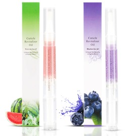 2PCS Nail Care Cuticle Oil Pens,Cuticle Revitalizer Oil Pen with Soft Brush,Cuticle Oil to Prevent Nail Dry and Cracking (Blueberry & Watermelon Flavor)