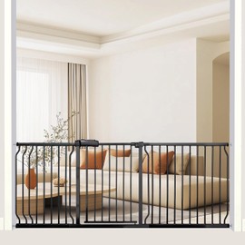 Extra Wide Baby Gate 76.4-81.1 Inch Large Walk Through Safety Child Gates for Kid or Pet Black Metal Pressure Mounted Pet Gate Long Safety Dog Gate for The House Doorways Stairs