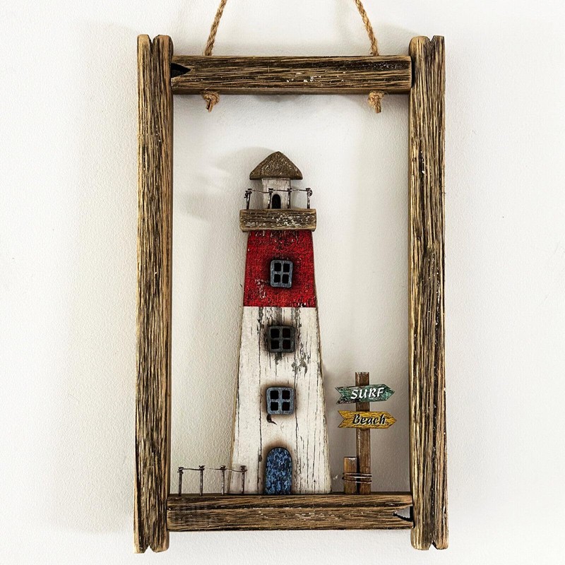 Framed Coastal Lighthouse Wall Decor Rustic Wood Hanging Rectangle Nautical